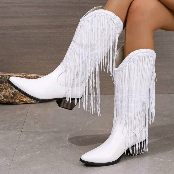 Double Layer Fringe Stacked Heel Square Toe Slip-On Fashionable Comfort Versatil - Picture 1 of 5
